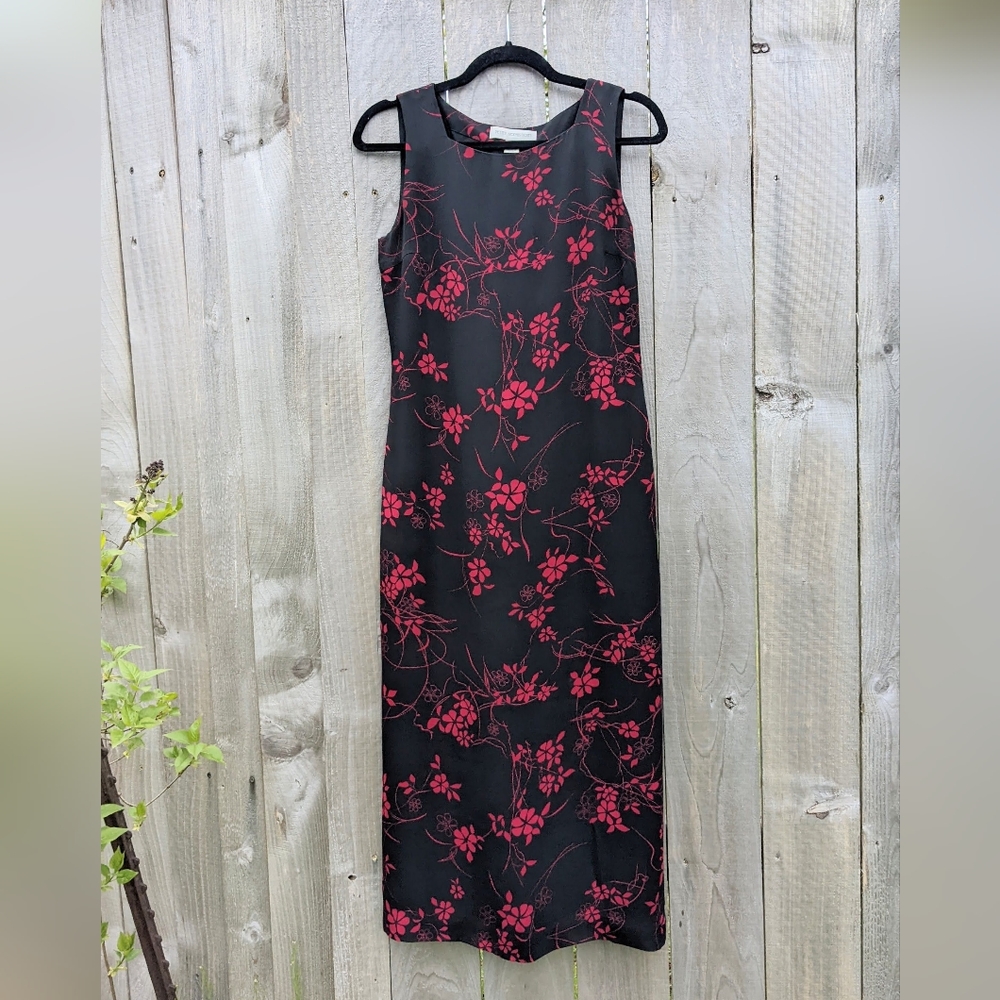 Petite Sophisticate SILK sleeveless midi dress black & red floral lined Holiday